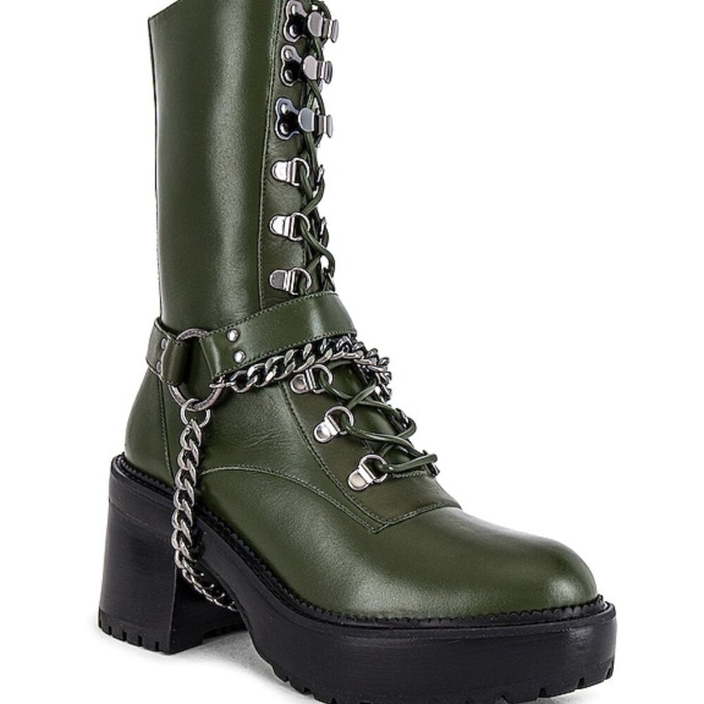 Green Leather Chunky Boots with detachable chains, Camila DUNDAS x REVOLVE